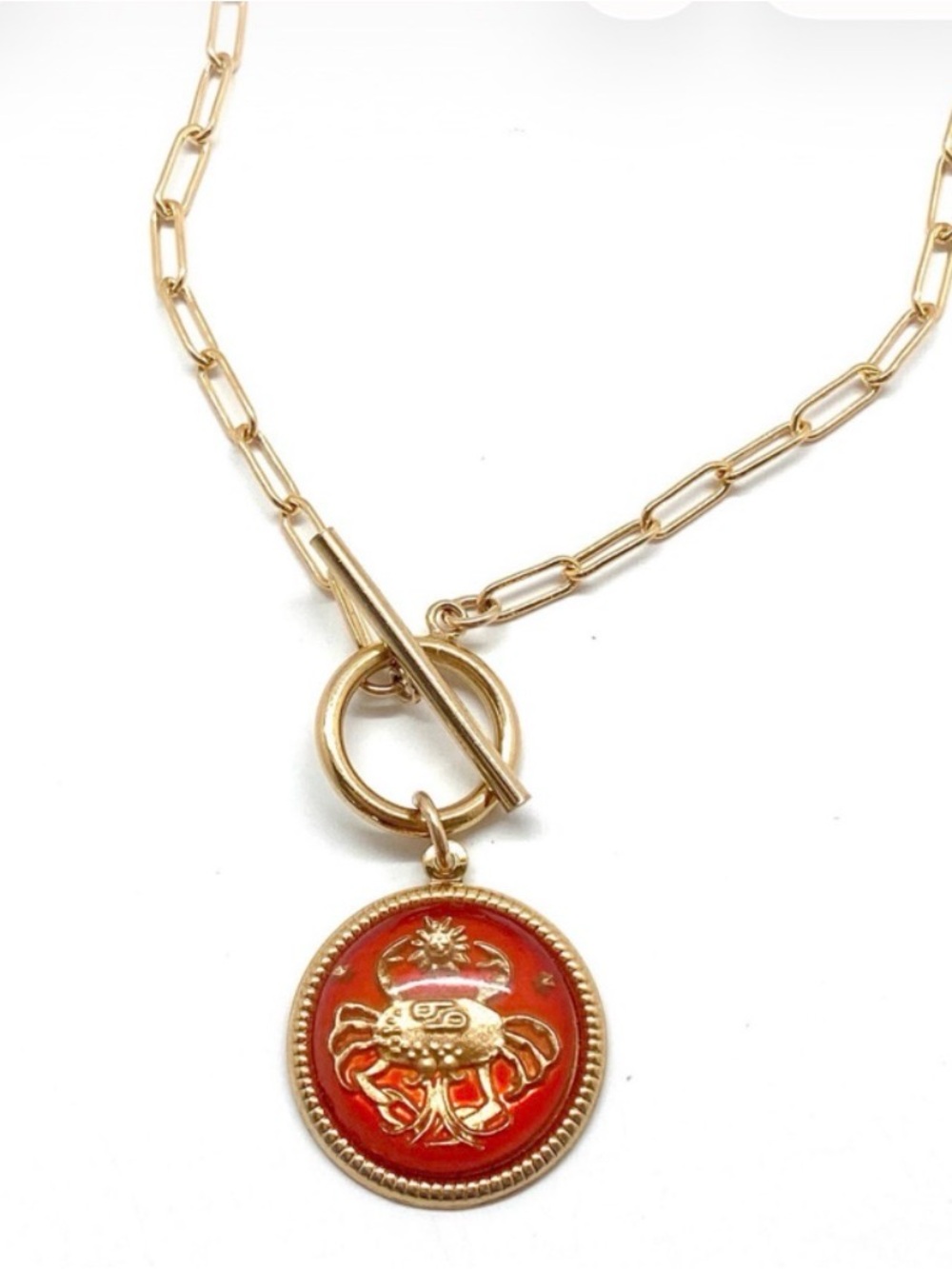 Vintage Cancer Zodiac charm medallion Necklace with gold filled toggle 17 inch
